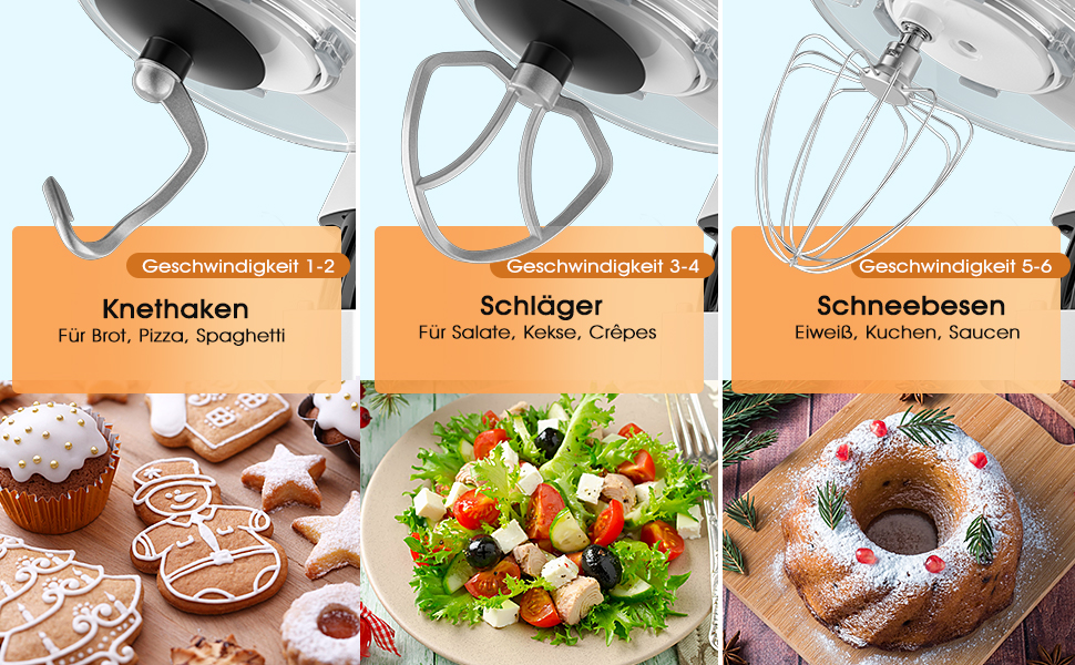 Кухонна машина Facelle 1500W з нержавіючою чашею 6.2 л, 6 швидкостей, міксер для тіста, планетарний міксер