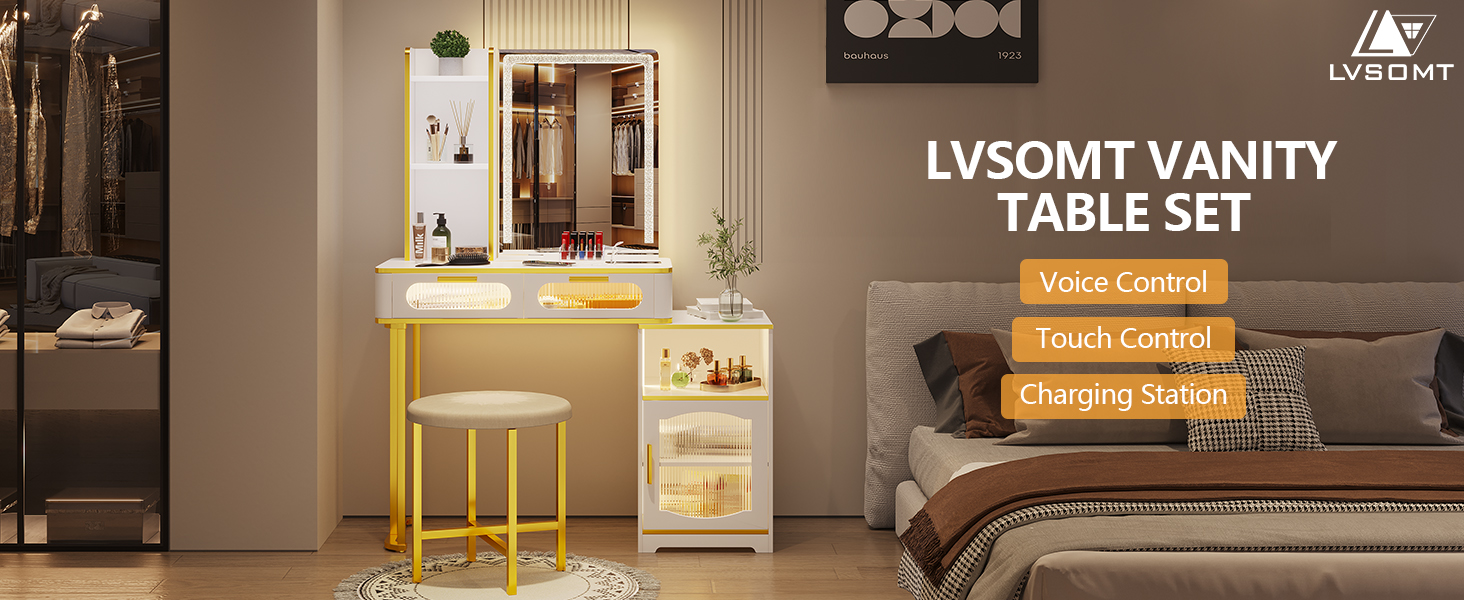 Туалетний столик LVSOMT зі світлодіодним освітленням, табурет, USB/Type-C, 2 висувні ящики, дерево, білий