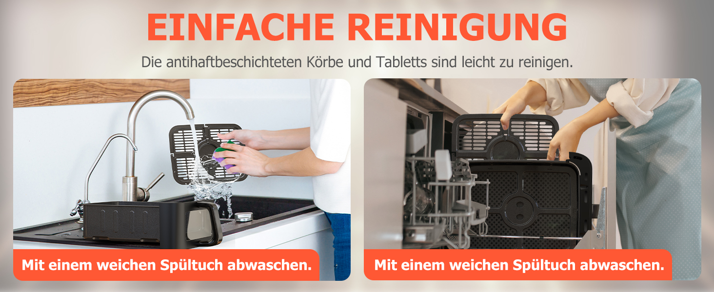 Фритюрниця без олії Heißluftfritteuse з подвійним набором камер 10л з оглядовим вікном, 10-в-1, сенсорне управління, таймер, економна, чорна 3.5л+6.5л