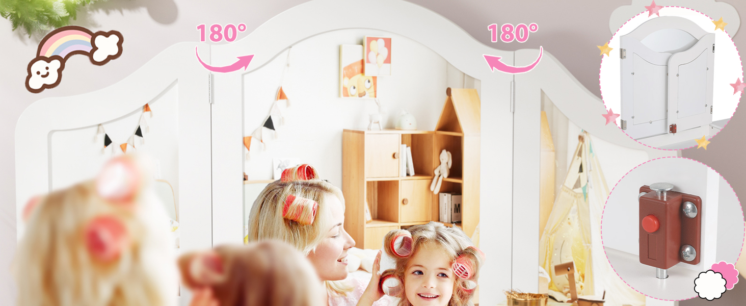 Дитячий туалетний столик MAMIZO 2 в 1 з дзеркалом та пуфом, рожево-білий, 108x30x114 см