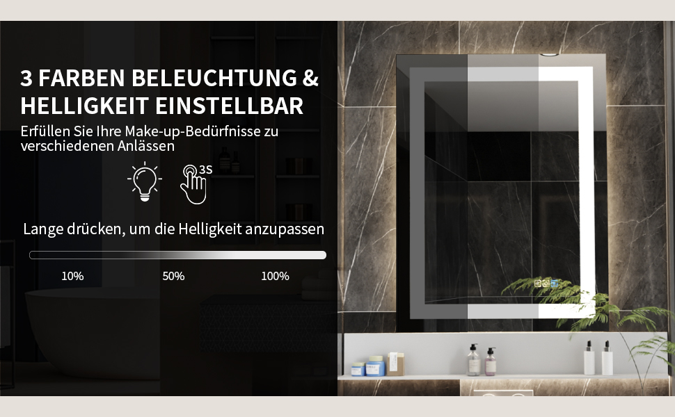 Дзеркало для ванної кімнати Luminorcrest з підсвічуванням, прямокутне 60 x 80 см, LED, 3 кольори, диммування, сенсорне управління, антизапар, CRI90+, загартоване скло, бічне та заднє підсвічування