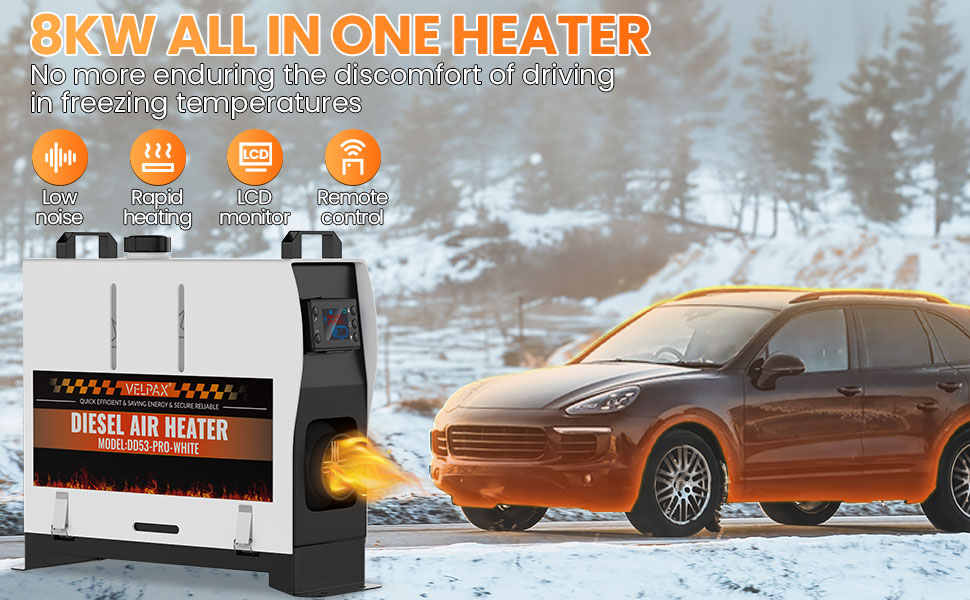 Автономний дизельний обігрівач VELPAX All in One 8кВт, 12/24/220В з Bluetooth, App та LCD-дисплеєм для авто, вантажівок, кемперів та човнів (білий)