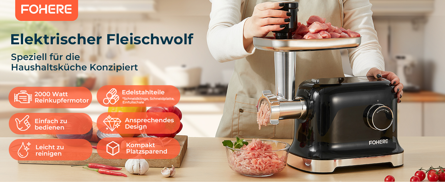 М'ясорубка електрична Fohere 2000 Вт з насадками для ковбас та кубів, 3 диски (3/5/7 мм), чорна