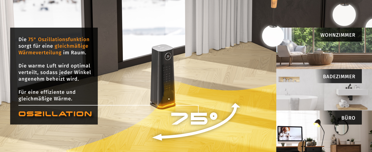 Обігрівач Brandson з пультом керування, 2000 Вт, ECO режим, осциляція, захист від дітей, таймер, LED-підсвічування, для ванної, вітальні, офісу, дитячої кімнати