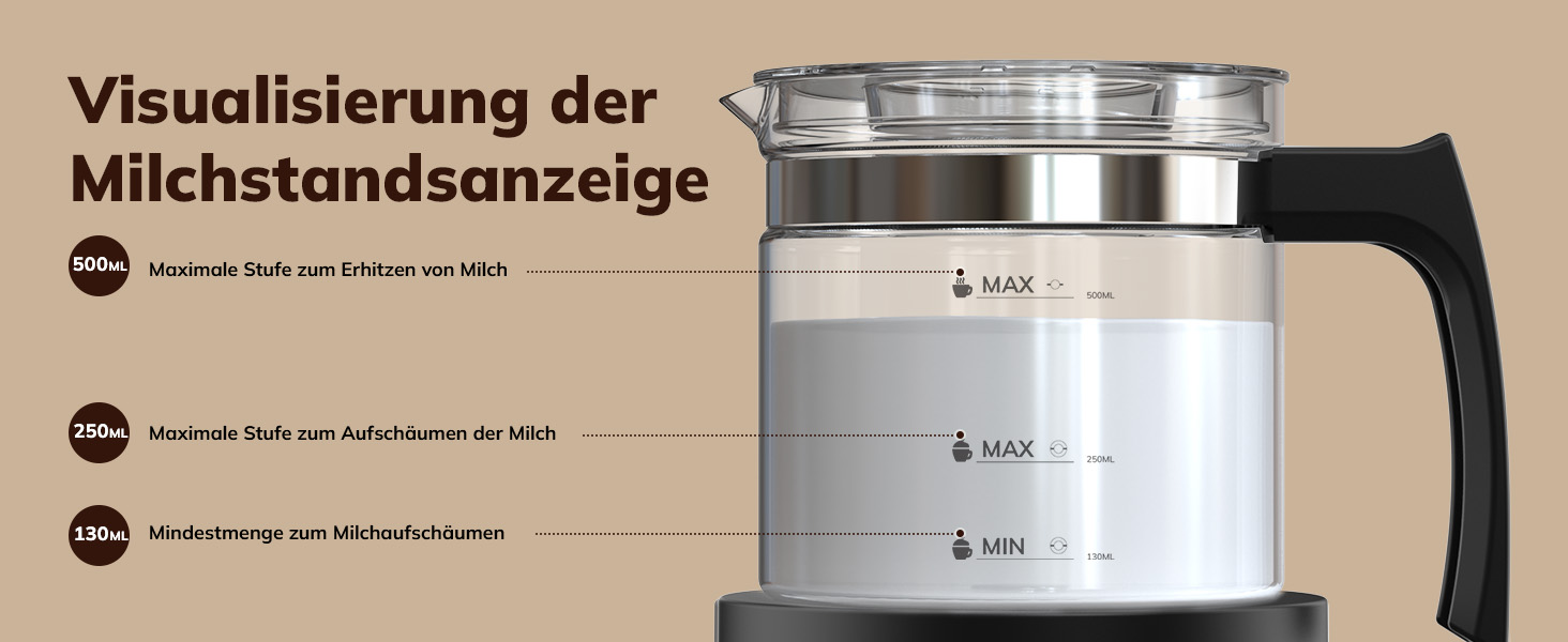 Електричний піноутворювач для молока Morpilot, 130-500 мл, 600 Вт, 4-в-1, для гарячого та холодного молока, миється в посудомийній машині, скляний, дизайн Latte, чорний