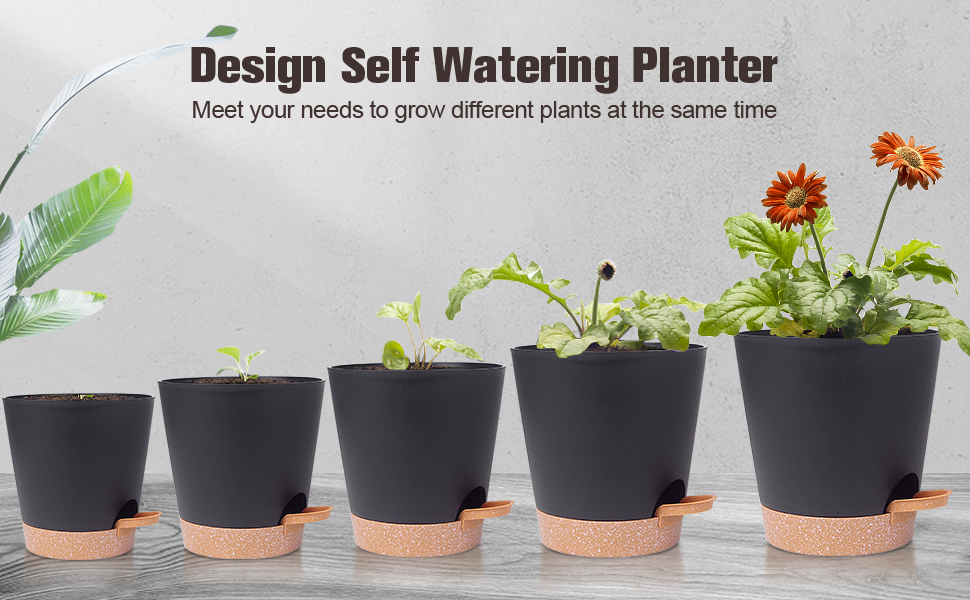 5 горщиків з пластику з системою поливу, 17.8/16.5/15.2/13.9/12.7 см. Самополивні кашпо з підставкою, круглі горщики для квітів, сукулентів, кактусів, кімнатних рослин, балкона та саду, зелені (чорний, коричневий)