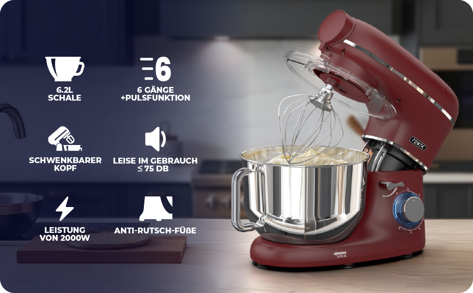 Кухонна машина з тістомісом та машиною для пасти – 2000W, з нержавіючою чашею 6.2L (червона)