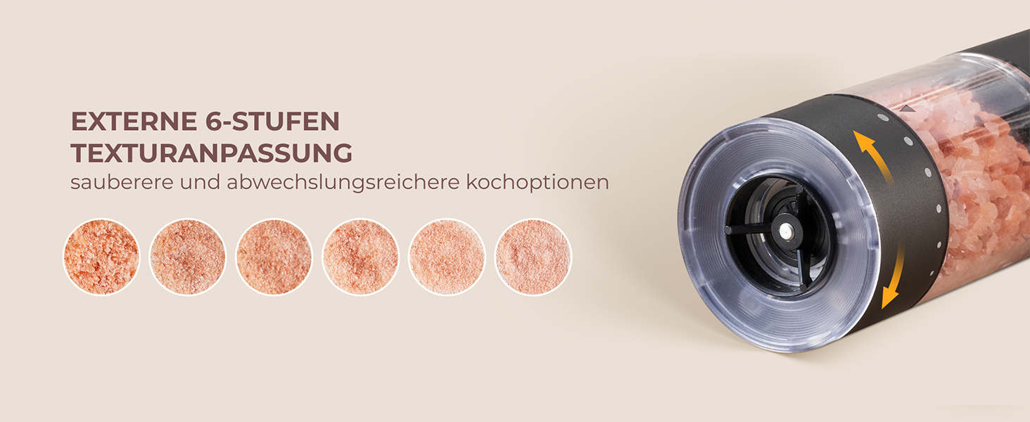 Електричні млини для солі та перцю Sangcon, 2 швидкості, акумуляторні, 6 ступенів помолу, автоматичний набір з базою, для однієї руки (сірий)