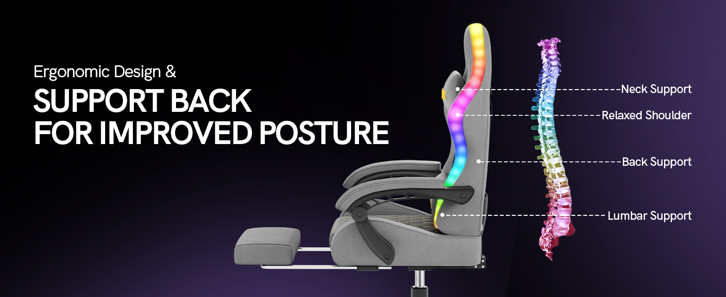 Ігровий крісло Bigzzia з RGB LED підсвічуванням - ергономічне геймерське крісло з підтримкою попереку та підніжкою, регульоване та поворотне, з PU-шкіри, 150 кг, сірий