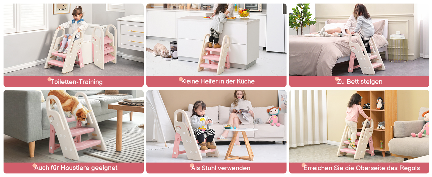 Дитячий табурет-сходинка Onasti: регульована висота, 2-3 сходинки, складна конструкція, багатофункціональний, для ванної, дитячої кімнати, кухні (зелений, рожевий)