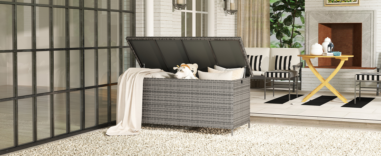 Скриня для подушок садових Polyrattan Amopatio 480л, водонепроникна, з роликами та газліфтом, сіра