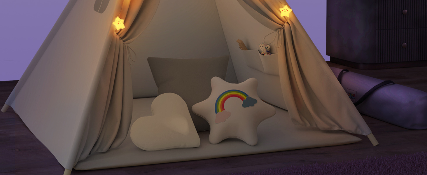 Дитяче намет-тіпі Spielwerk® з килимком, гірляндою та подушками. Намет для гри в приміщенні, 130x130 см, бавовна, дерево.