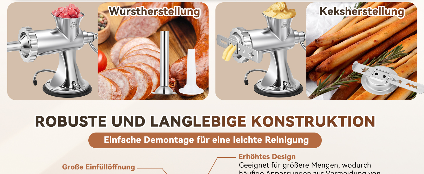 М'ясорубка ручна Hanchen з нержавіючої сталі з присоскою, насадкою для ковбас та 2 дисками, посудомийна, для м'яса та овочів