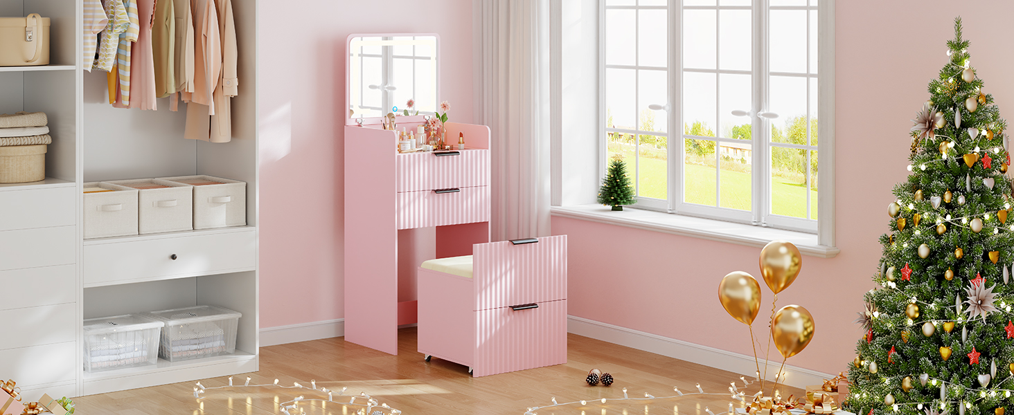 Трюмо Lvifur з LED-дзеркалом та 3 шухлядами, кутовий, для спальні, квартири, гуртожитку, білий (рожевий)