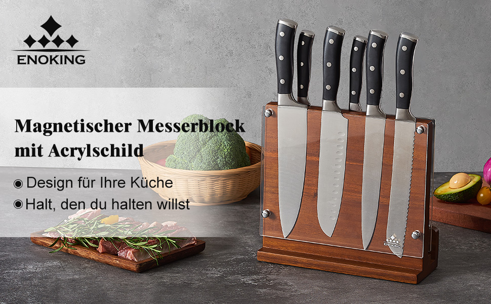 Магнітний ножовий блок ENOKING з дерева акації з прозорою акриловою пластиною, до 12 ножів