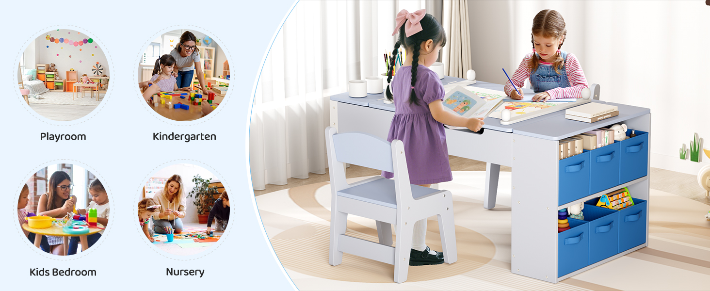 Дитячий стіл MAMIZO з 2 стільцями: дерев'яний стіл для ігор з місцем для зберігання, комплект меблів для дітей, стіл для малювання та рукоділля, від 3 років (блакитний)