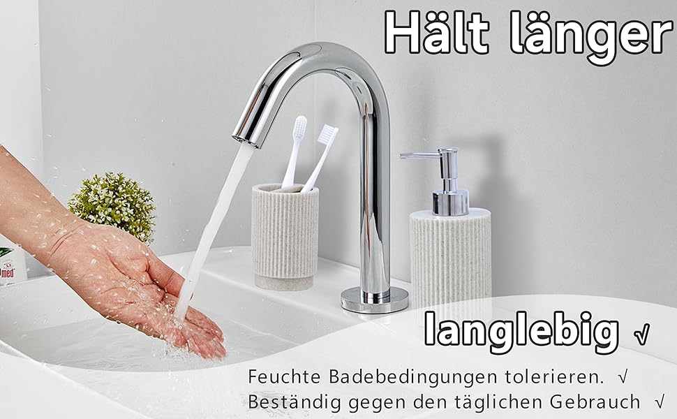 Набір для ванної кімнати 6-частинний: дозатор для мила, стакан для зубної пасти з підносом та коробочка для ватних паличок – смугастий дизайн, високоякісна смола. В комплекті: бежевий 4-частинний набір