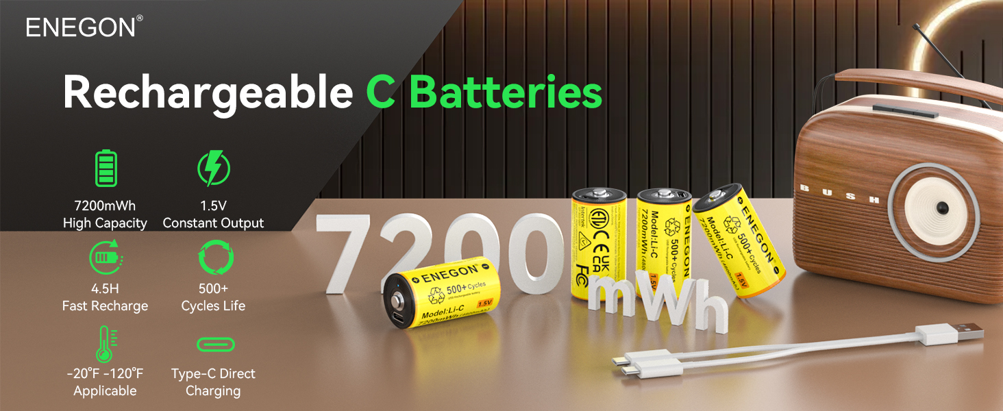 Акумулятори ENEGON C/LR14 Li-ion 1.5V 7200mWh, перезарядні літієві батареї, 4 шт. (жовті)