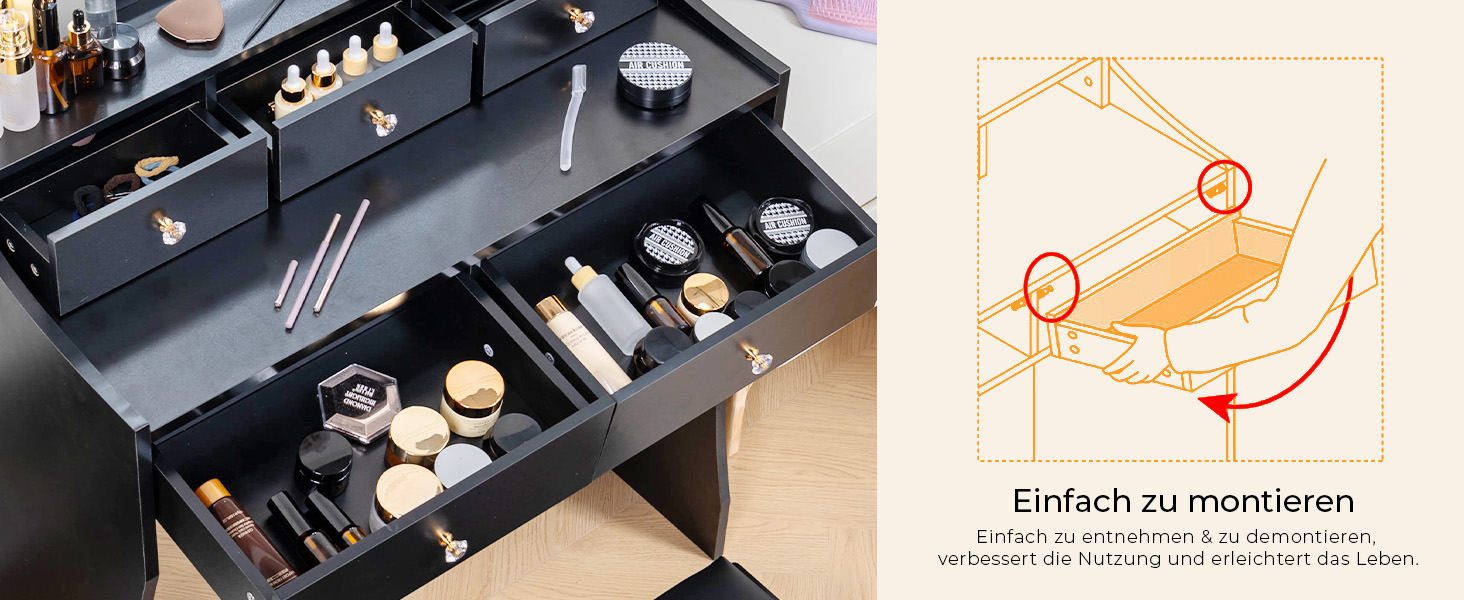 Трюмо COMHOMA з підсвічуванням, дзеркалом та прихованою LED-смугою, зі стільцем та 5 висувними ящиками, з розеткою, 3 колірні температури та регульована яскравість, білий (чорний)