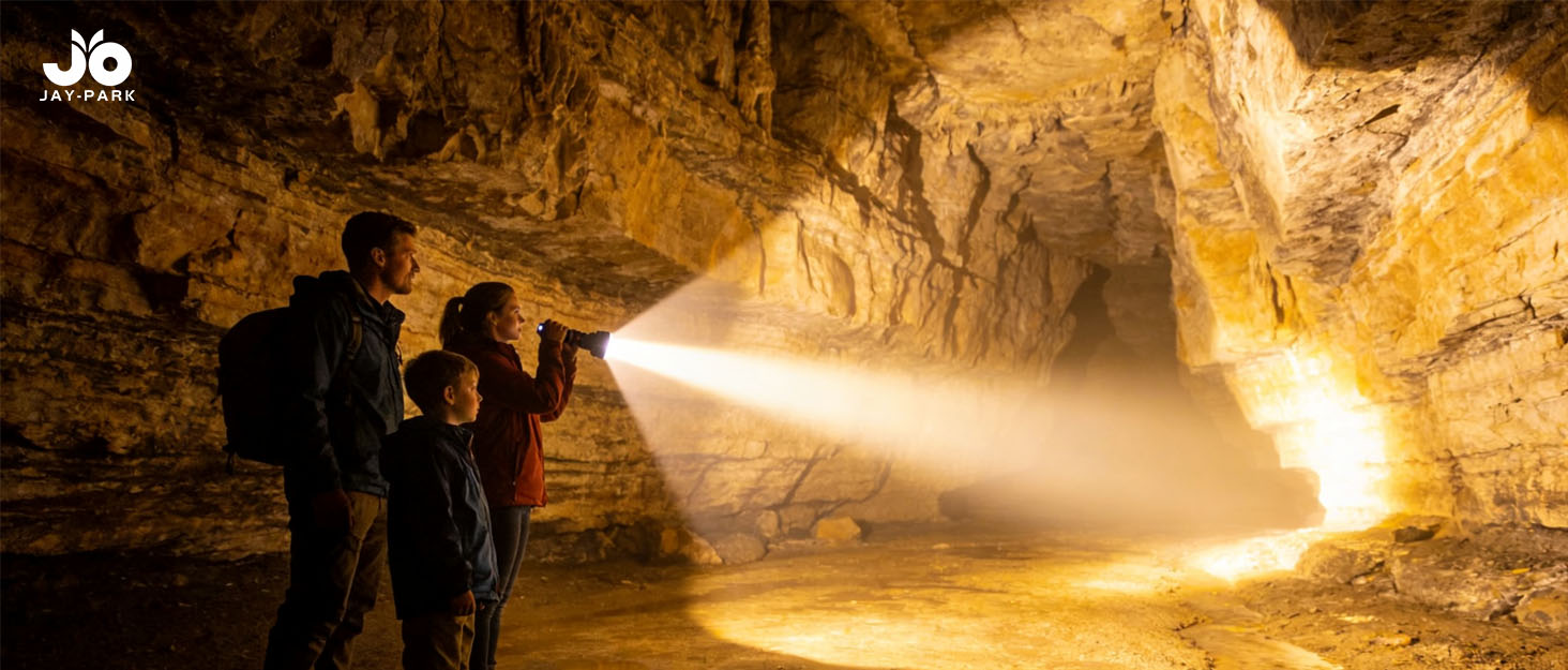 Потужний LED ліхтар JAY-PARK 500000 Люмен, акумулятор 10800 мАг, LCD-дисплей заряду, 5 режимів світла, зум, водонепроникний IPX7, чорний матовий — для кемпінгу та походів