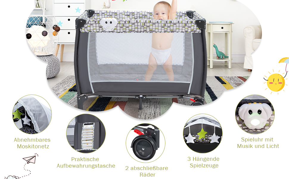 Детское путешествие 102x72 см: складная кроватка-манеж для новорожденных и детей 0-36 месяцев с матрасом, колесиками, москитной сеткой и пеленальным столиком, 3 в 1 (Model 2-gray)