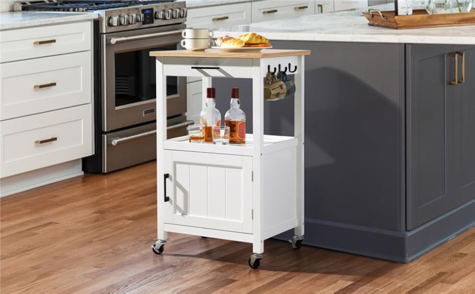 Кухонний візок Yaheetech на колесах з шафкою та полицею, 55x45x89 см, білий, у стилі кантрі