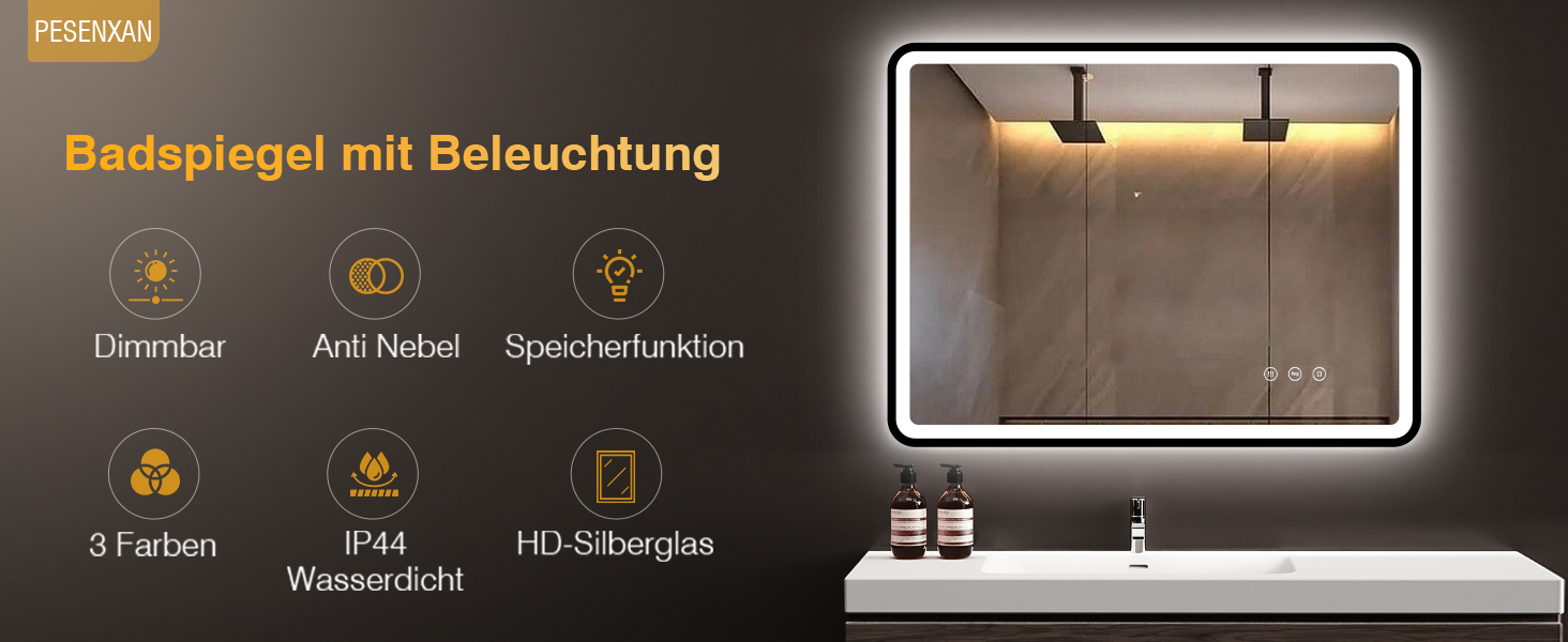 LED дзеркало для ванної кімнати 80x60 см з підсвічуванням, диммер, протитуманне покриття, 3 кольори світла, IP44, функція пам'яті, горизонтальний/вертикальний монтаж