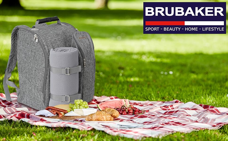 Рюкзак для пікніка на 2 особи BruBaker сірий, 28x40x22 см з термокишенею, ізольованим утримувачем для пляшок та флісовою ковдрою з водонепроникним дном