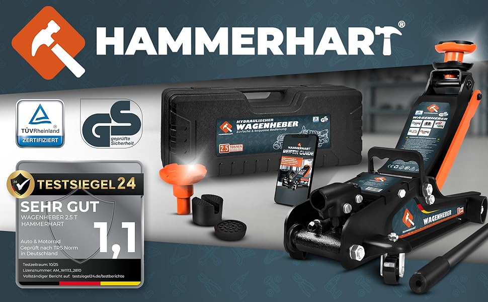 Гідравлічний домкрат HAMMERHART 3T з низьким профілем, 75-505мм, колеса 360°, подвійний поршень, гумові накладки, T-ручка - перевірена якість TÜV