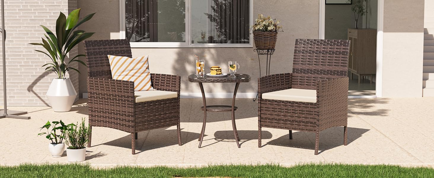 Набір меблів для саду UDPATIO Lounge: стіл та 2 стільці з поліротангу для балкона/тераси (колір: коричневий, 3-х частинний)