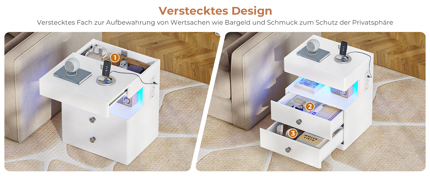 Нічний столик AOGLLATI з секретною поличкою, розеткою та LED-підсвіткою. 2 шухляди, висувний ящик, полиця. Білий, 40x35x59 см