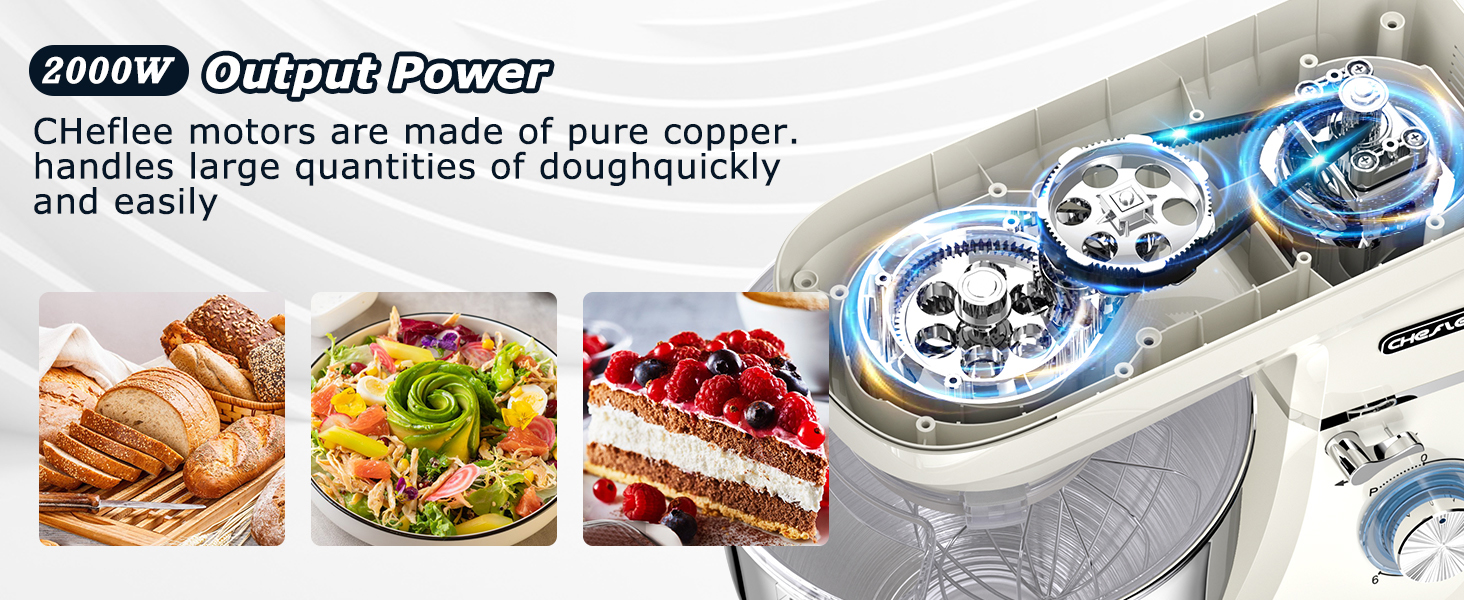Кухонна машина Cheflee 2000W: потужна планетарна міксер для тіста та збивання, 6 швидкостей, 7.2 л чаша з нержавіючої сталі, гак для тіста та вінчик, захист від бризок (Cream White)