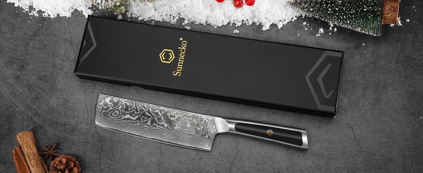 Набір ніжів Sunnecko: Японський ніж Nakiri 7 дюймів з дамаської сталі - кухонний ніж для нарізання овочів та фруктів з ергономічною ручкою