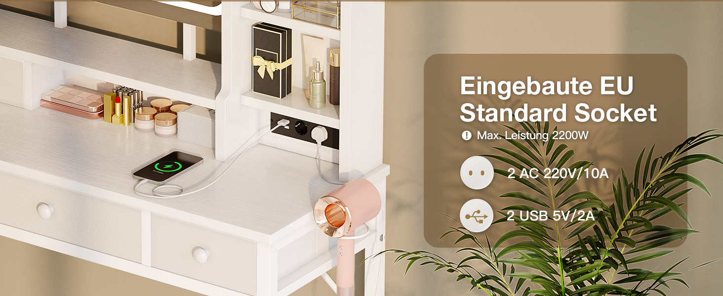 Трюмо ODK з регульованим LED-дзеркалом, туалетний столик з 4 висувними ящиками, USB-порт, білий колір, 100×40×140 см