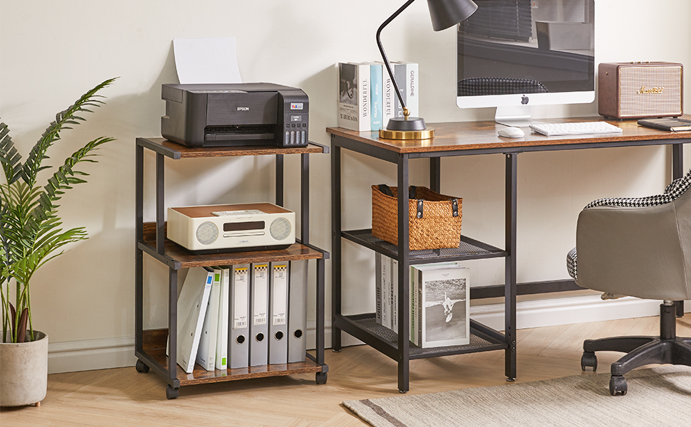 Стійка для принтера IBUYKE з полицею, 3-рівнева, на колесах, коричнева. Організатор для дому та офісу, візок для принтера, теплового пресу, мікрохвильової печі та міні-холодильника. Модель TPS001H