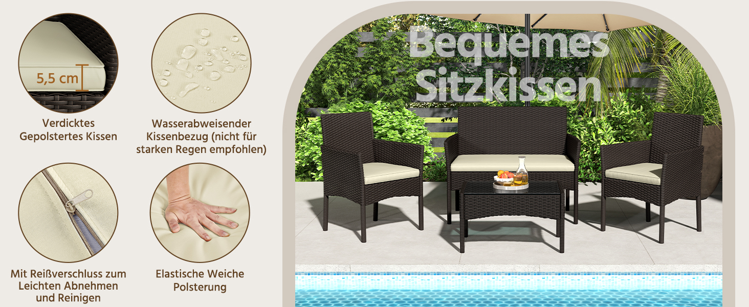 Набір садових меблів Yaheetech на 4 особи: диван, 2 крісла, стіл, подушки. Набір меблів для балкона, тераси, саду. Чорний та сірий (коричневий та бежевий).