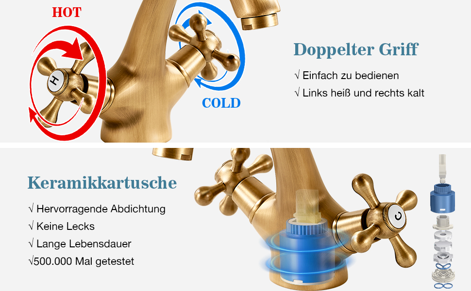 Змішувач для ванної кімнати з міді, ретро стиль, 2-вентильний, G3/8, для мийки, антична мідь