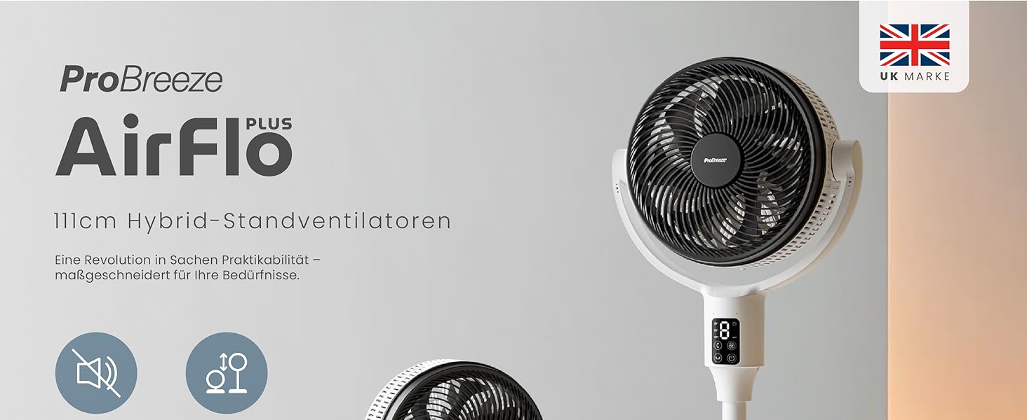 Вентилятор Pro Breeze AirFlo Standventilator 109см з пультом керування та LED-дисплеєм – 2 режими, осциляція, 29 дБ, регульована висота, енергоефективний для спальні, офісу та дому