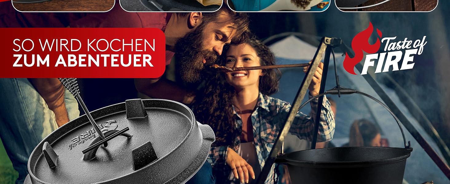 Набір чавунного казана BBQ Dutch Oven [Das Original] 10,8 л з підставкою та кришкою-гриль 2,2 л, піднімачем та електронною книгою рецептів