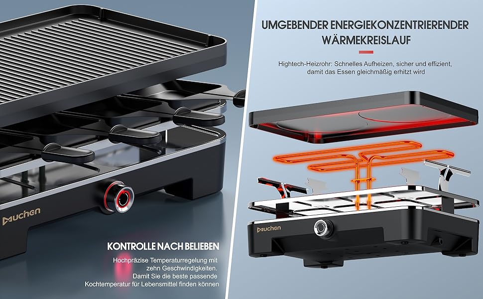 Електричний гриль для раклет Muchen на 8 осіб з антипригарним покриттям, 1200W, 8 сковородок та 8 скребків