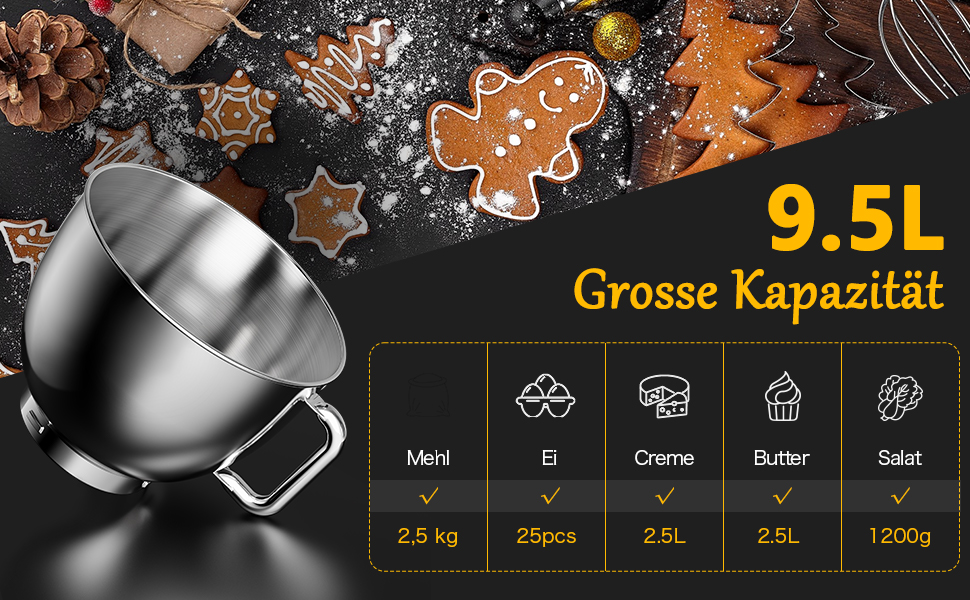 Кухонна машина 9.5л з планетарним міксером, 1500W, DOBBOR, з набором насадок (міксер, гак для тіста, вінчик), захист від бризок, 7 швидкостей, чорний колір