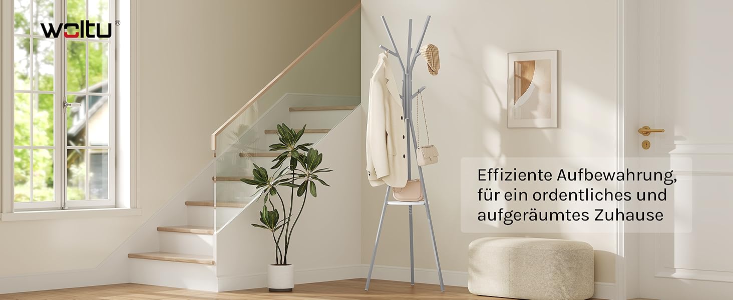 Вільна стійка для одягу WOLTU у вигляді дерева, металева, з полицею та 9 гачками, для одягу, шапок та сумок, біла