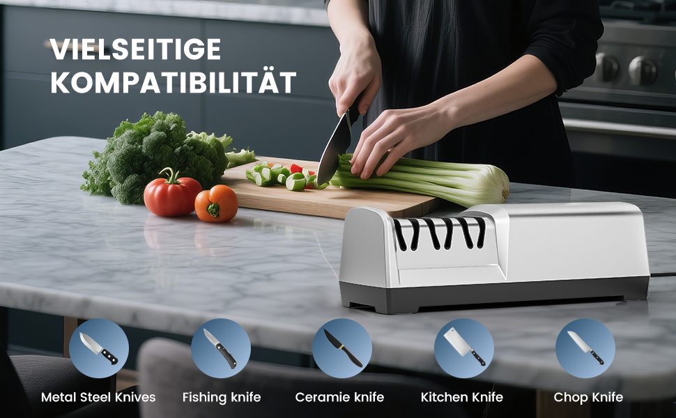 Електричний точильний верстат для ножів MusyVocay з алмазним покриттям, професійний 3-ступеневий, кухонний точило з регулюванням кута 20 градусів для грубого заточування та ремонту, срібний
