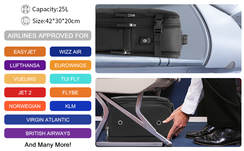 KONO Рюкзак для ручної поклажі 42x30x20, рюкзак для ноутбука 25L, Outdoor, для подорожей, спорту, Weekender з відділенням для взуття, чорний