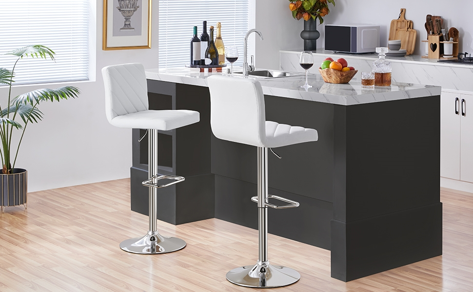 Барні стільці Yaheetech 2 шт. регульовані по висоті, обертаються, 62,5-84,5 см, 136 кг, з штучної шкіри та сталевим каркасом, для кухні/бару, білий (без підлокітників)