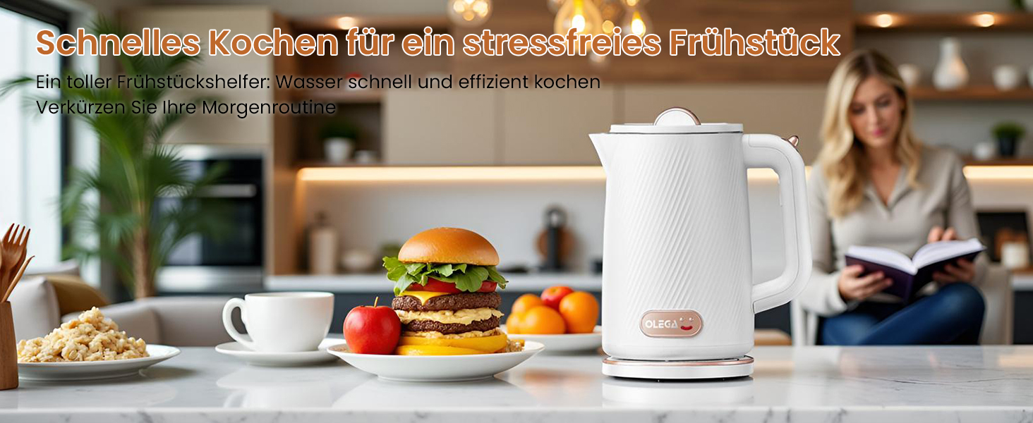 Електричний чайник OLEGA 1.8L, 1800W, з нержавіючої сталі, автоматичне відключення, захист від сухого кип'яття, білий