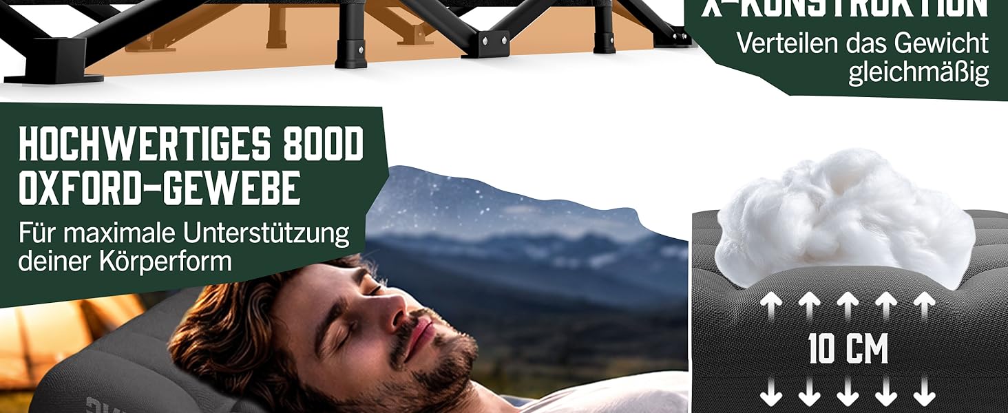 Складане розкладне ліжко ELONEO NEU для кемпінгу та подорожей з преміум-матрацом, витримує до 200 кг, з сумкою для перенесення, антрацит