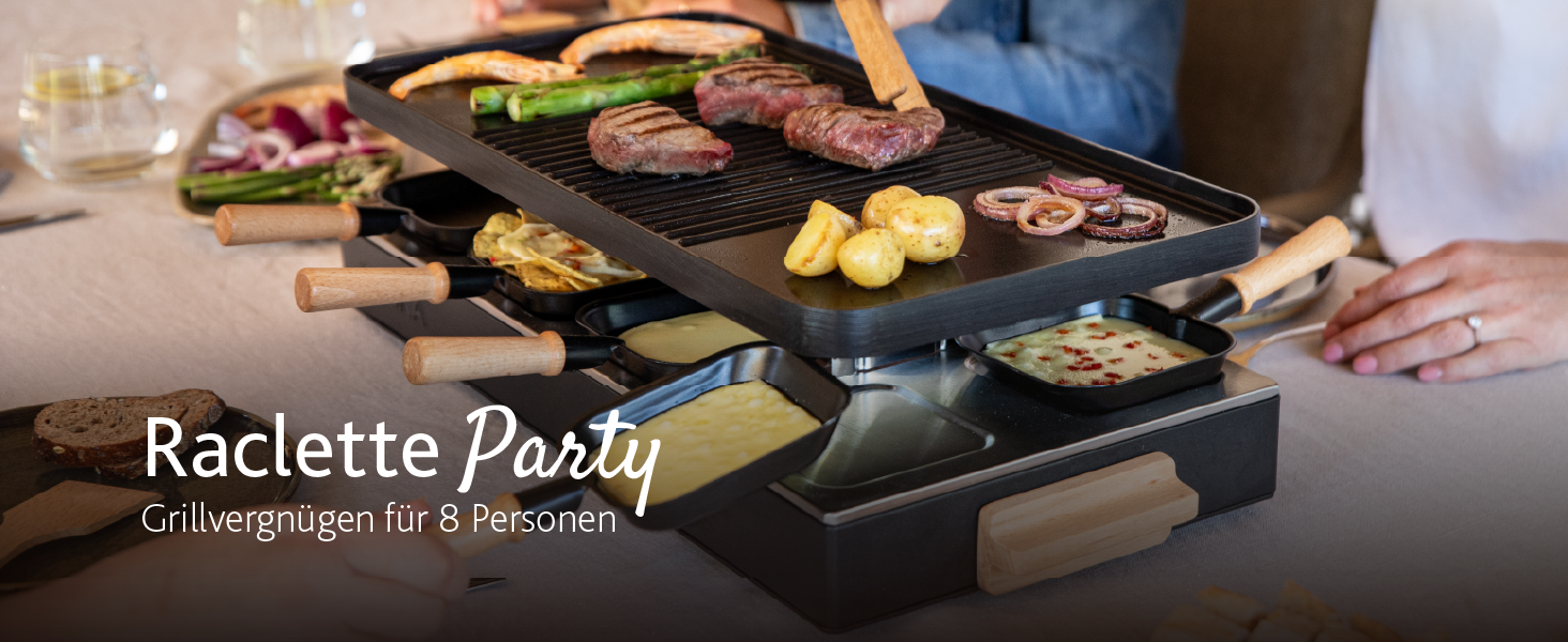 Рашетт BOSKA Raclette Gourmet Party на 8 осіб – гриль з керамічною поверхнею, ручки з бука, поворотна алюмінієва пластина, чорний колір