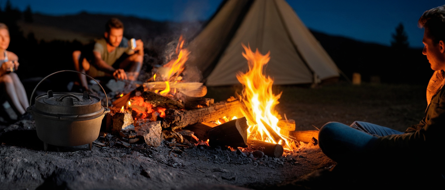 Чавунний казан OVERMONT Dutch Oven (розмір L) для багаття та кемпінгу, з двосторонньою кришкою, ніжками та піднімачем