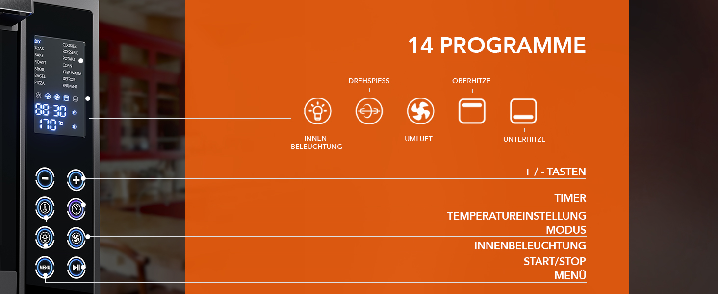 Багатофункціональна міні-піч Heinrich's з об'ємом 48 літрів, конвекція, таймер на 8 годин, підсвітка, регулювання 100-230°C, сенсорне керування, з аксесуарами, чорна, 2000W
